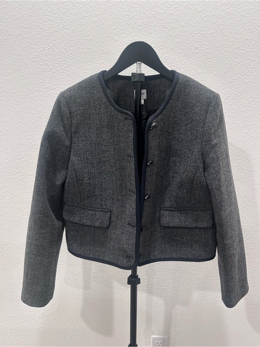 J.Crew Cropped Herringbone Tweed Jacket Wool Blend Collarless Sz 8